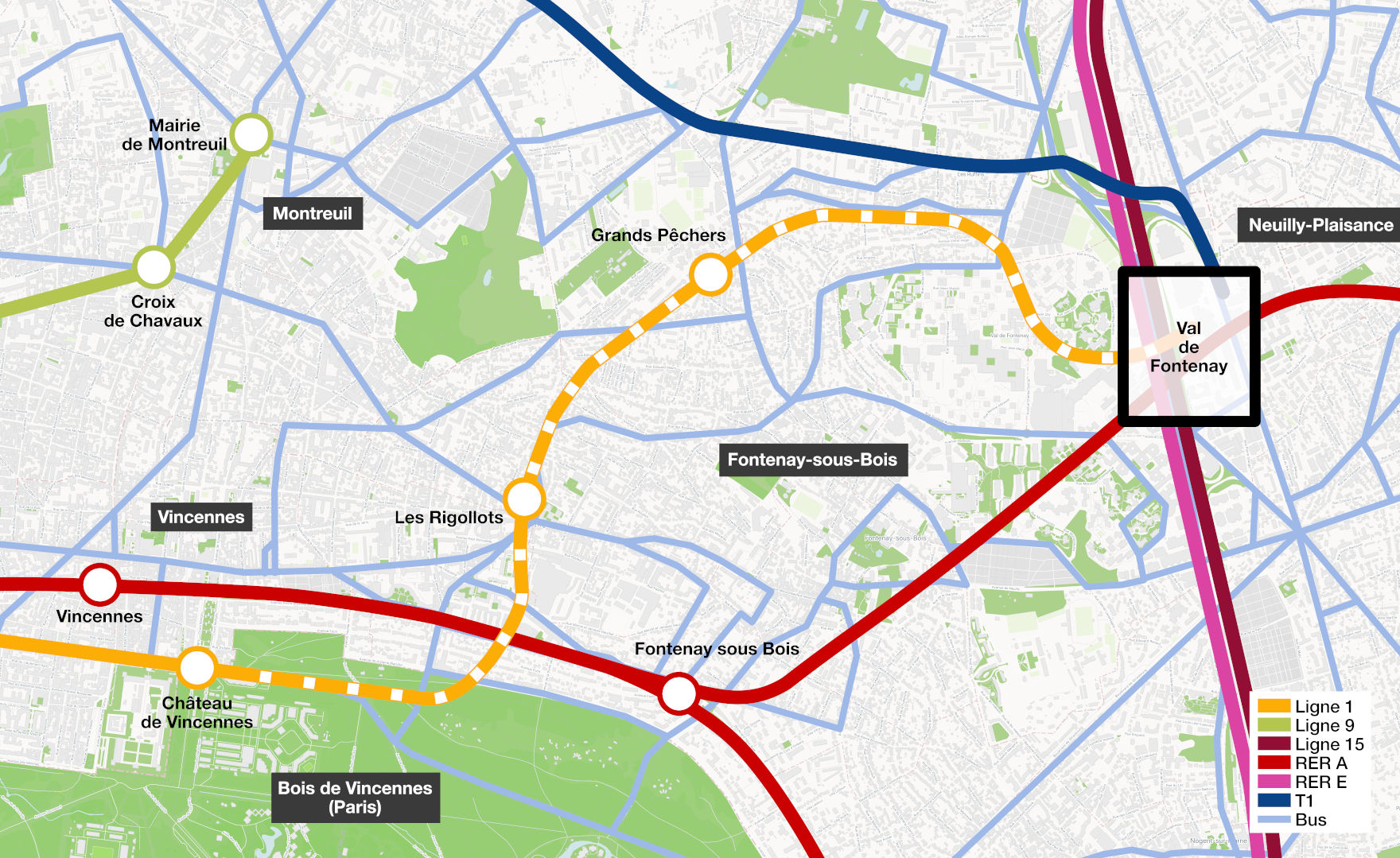 Carte du prolongement de la ligne 1 jusqu’à Val de Fontenay